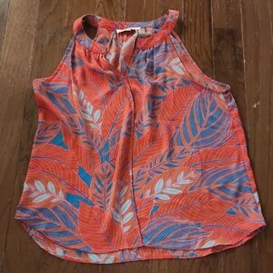 Rose & Olive Vibrant Coral and Blue Leaf Print Blouse